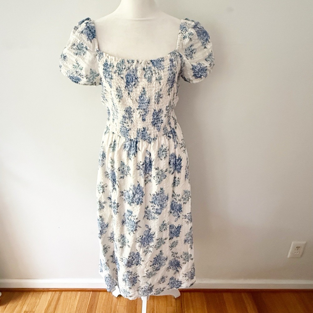 LOFT Midi Dress Women S Floral Smocked Cottagecore Romantic Milkmaid Coqette